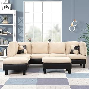 Casa Andrea Milano Modern 3 Piece Microfiber and Faux Leather L Shaped Sectional Sofa with Reversible Chaise & Ottoman