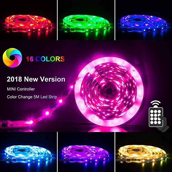 LED Strip Lights 5m, RGB 5050 LEDs Color Changeing Kit with 24key Remote Control and Power Supply, Mood Lighting Led Strips for Home Kitchen Christmas Indoor Decoration