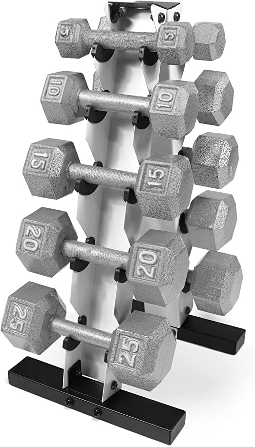 WF Athletic Supply 5-25 Lb Cast Iron Dumbbells Set with A Frame Storage Rack, Solid Gray Hexagon Free Weights for Weight Lifting & Strength Training, Storage Rack Color Options Available