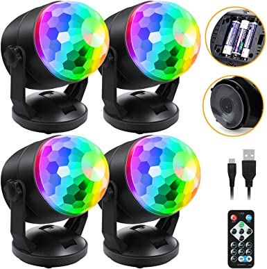 [4-Pack] Sound Activated Party Lights with Remote Control, Battery Powered/USB Portable RBG Disco Ball Light, Dj Lighting, Strobe Lamp 7 Modes Stage Party Supplies for Home Room Dance Parties Karaoke