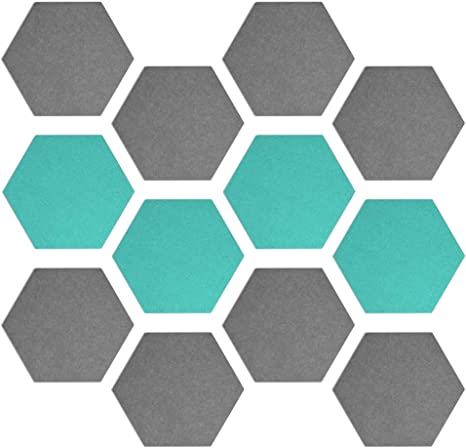 Navaris Hexagon Felt Board Tiles - Set of 12 Notice Memo Bulletin Boards with Push Pins and Double-Sided Tape 5.9" x 6.7" - Dark Gray, Turquoise