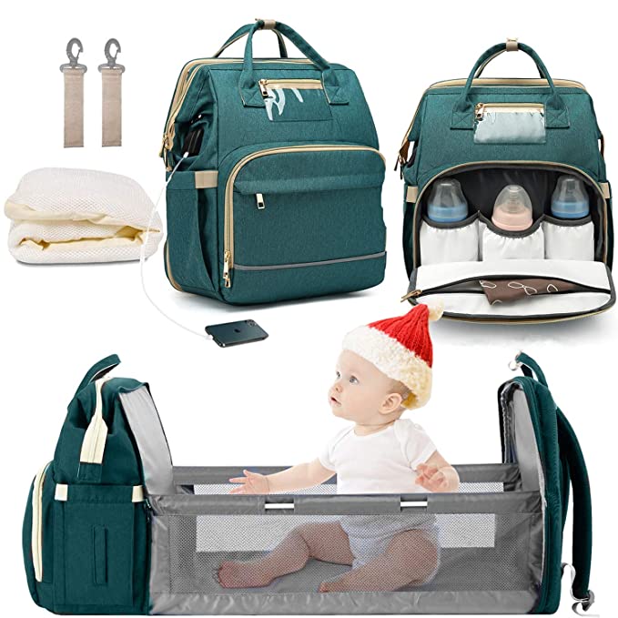 Diaper Bag Backpack Changing Station for Men Women,5-in-1 Travel Bassinet Foldable Baby Bed Portable Travel Crib Infant Sleeper,Baby Nest with Mattress Included