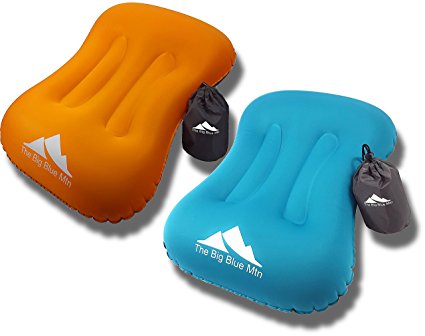 2 Pack Inflatable Pillow - Ultralight Camping Pillows with Compact Pouch for Airplane Office Travel Camp Hiking Backpacking Car Road Trip Boat Bus and more by The Big Blue Mtn ( Blue   Orange)