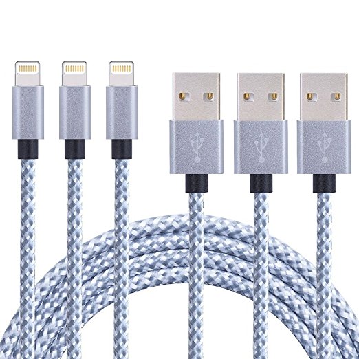CBoner iPhone Cable,3Pack 10FT Nylon Braided Cord Lightning Cable Certified to USB Charging Charger for iPad,iPod Nano 7,iPhone 7/7 Plus,6/6 Plus/6S/6S Plus,SE/5S/5 (Gray White,10FT)