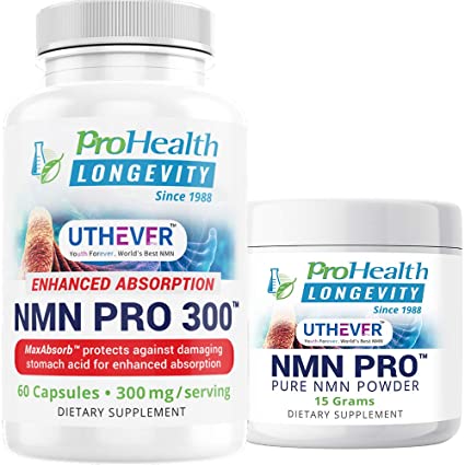 ProHealth Longevity NMN Pro Bundle - Uthever Brand NMN - 1 Bottle (300 mg per 2 capsule serving, 60 capsules)   1 Jar (15 grams) - World’s most trusted, ultra-pure, stabilized pharmaceutical grade NMN