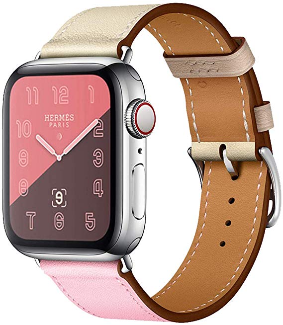 Leather Band Compatible with iWatch 44mm 42mm Genuine Leather Strap Watch Bands Replacement for iWatch Series 5 Series 4 Series 3 Series 2 Series 1 Bracelet Loop 42 44 mm Rose Pink Craie