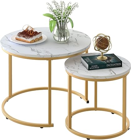 aboxoo Coffee Table Nesting White Set of 2 Side Set Golden Frame Circular and Marble Pattern Wooden Tables, Living Room Bedroom Apartment Modern Industrial Simple Nightstand