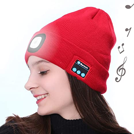 OHYGGE Bluetooth Unisex 4 LED Knitted Flashlight Beanie Hat/Cap,Built-in Stereo Speakers Lighted Knit Cap for Hunting, Camping, Grilling, Auto Repair, Jogging, Walking, Running,Red