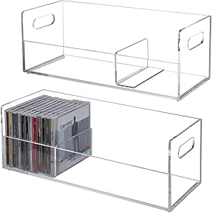 MyGift Modern Premium Clear Acrylic Stackable CD Holder Racks with Cutout Carrying Handles, Compact Disc Jewel Case Display Crates, Media Storage Organizers, Set of 2