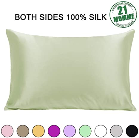 Ravmix 100% Pure Natural Mulberry Silk Pillowcase Queen Size for Hair and Skin, 21 Momme 600TC Hypoallergenic Both Sides Soft Breathable with Hidden Zipper, 20×30 inches, 1-Pack, Bean Green