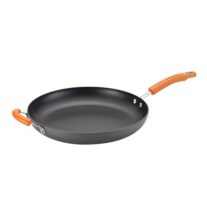 Rachael Ray Hard Anodized II Nonstick 14-Inch Skillet with Helper Handle, Gray with Orange Handle