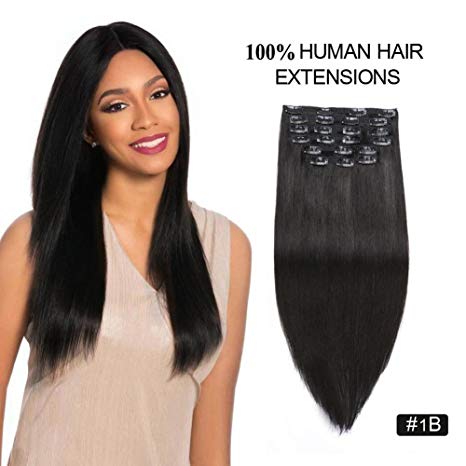 Clip on Extensions Human Hair Natural Color, Re4U Hair 18" 150gram 10 pcs Unprocessed #1b Natural Black Double Weft Clip in Extensions Can be Restyled (18" 10pcs 150g #1b)