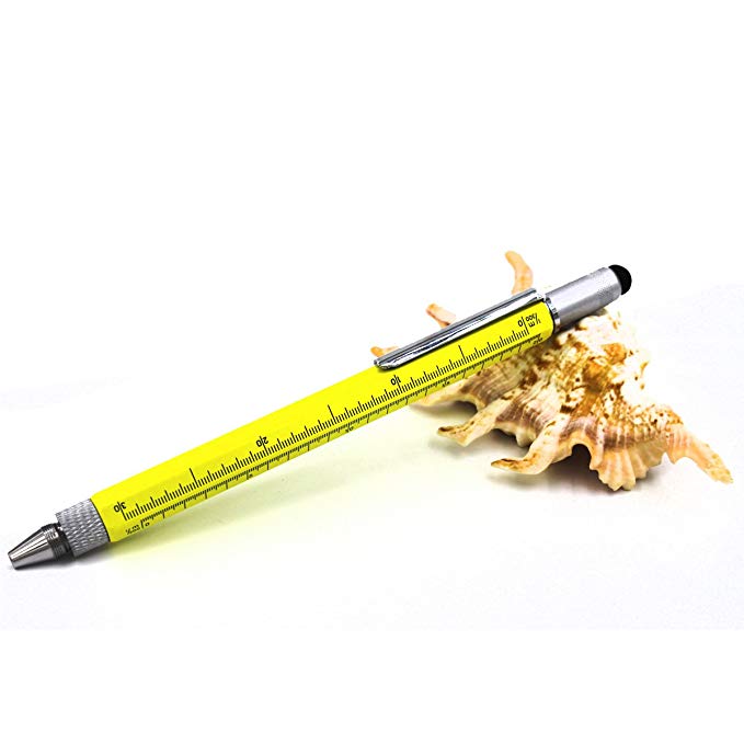 Screwdriver Tool pen is a Mini Multitool Pen with Touch Stylus, Flat and Phillips Screwdriver Bit, Level, and inch cm Ruler, All in one Lightweight Aluminium pen (1PCS PACK, Light yellow)