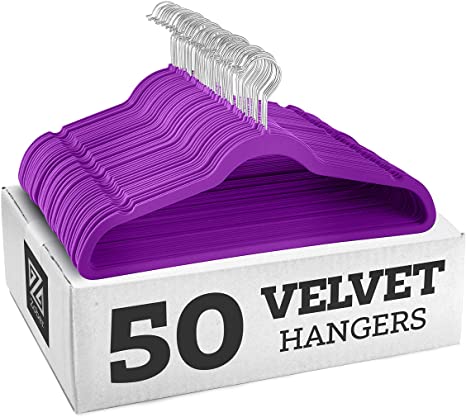 ZOBER Non-Slip Velvet Hangers, Suit Hangers (50 Pack) Ultra Thin Space Saving 360 Degree Swivel Hook Strong and Durable Clothes Hangers Hold Up-to 10 Lbs, for Coats, Jackets, Pants, Dress (Purple)