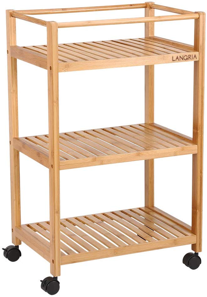 LANGRIA 3 Tier Rolling Cart Bamboo Service Kitchen Cart Storage Shelf with Hooks and Lockable Wheels for Home Dinning Room Bathroom Organization (Load 11 lbs. Per Shelf) (18.5"x13"x29.5")
