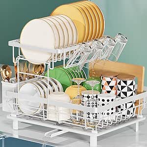 2 Tier Dish Drying Rack, Larger Capacity Dish Drying Rack for Kitchen Counter, Dish Drainer with 360° Rotatable Spout, Multifunctional Dish Rack with Cup Holder, Utensil Holder, White