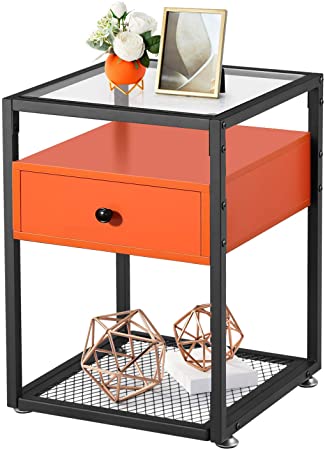 VECELO Nightstand, Tempered Glass End Table, Cabinet with Drawer and Rustic Shelf Decoration in Living Room,Bedroom,Lounge, Orange