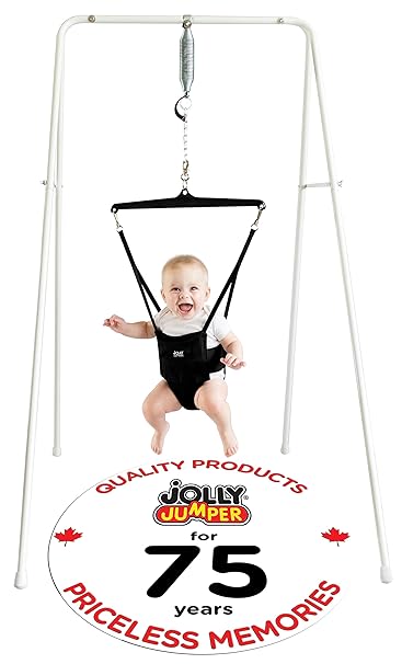 Jolly Jumper **Classic** - Carbon Black Saddle - The Original Jolly Jumper with Stand. Trusted by Parents to Provide Fun for Babies and to Create Cherished Memories for Families for Over 75 Years.