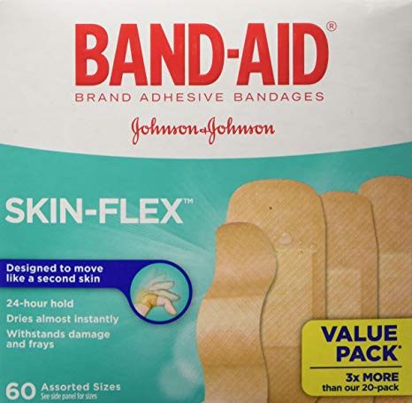 Band-Aid Adhesive Bandages for Cuts and Scrapes, Skin-Flex, Assorted Sizes Value Pack, 60 Bandages
