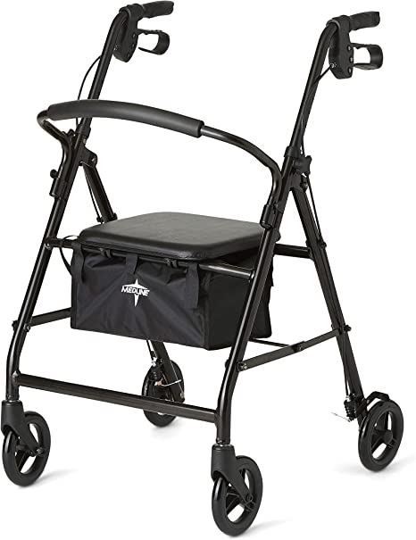 Medline Aluminum Rollator Walker with Seat, Folding Mobility Rolling Walker has 6 inch Wheels, Black