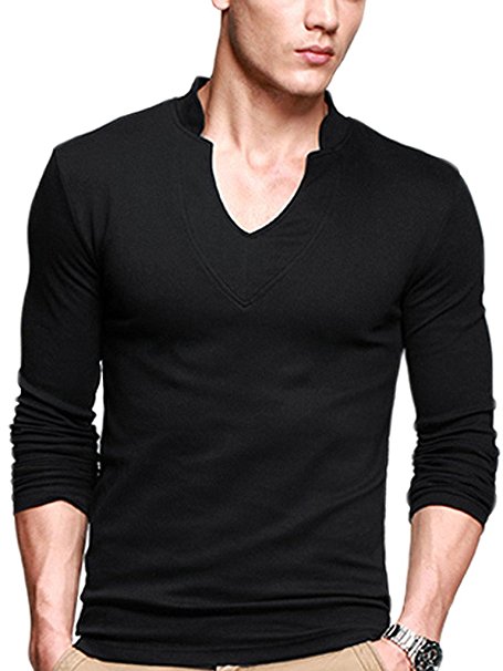 iLoveSIA Mens T-Shirts Long Sleeves Cotton Slim V-Neck Casual Shirt Black XL Fit Chest 44.9"-45.7"