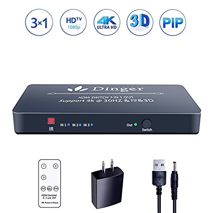 HDMI Switch Box, Dinger 4K x 2K 3 Port HDMI Switch, HDMI Selector Switcher Support PIP Function with Full HD 1080P 3D IR Wireless Remote Control (3 IN 1 OUT HDMI Switch with PIP Black)