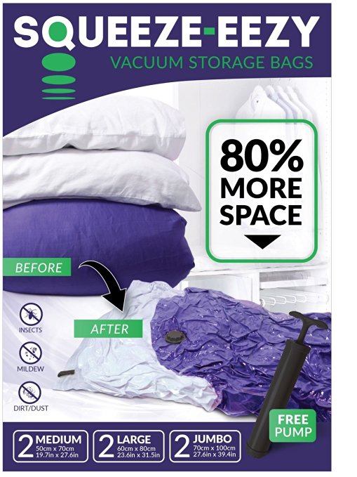 NEW: Original Vacuum Storage Space Saver Bags for Clothes, Duvets, Pillows & Travel Luggage. Max Double Strength Ziploc. 6 Pack [Jumbo, Large, Medium] and FREE Hand Pump [80% More Storage]