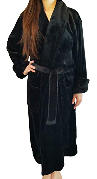 FASCIINO Women's Full Length Shawl Collar Velour Microfiber Fleece Bathrobe Spa Robe