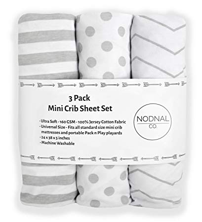 NODNAL Co. Pack n Play Playard Portable Mini Crib Fitted Sheets Set 3 Pack 100% Jersey Knit Gray Cotton for Baby Girl/Boy - Grey/White Chevron, Polka Dot and Stripe 160 GSM Sheet