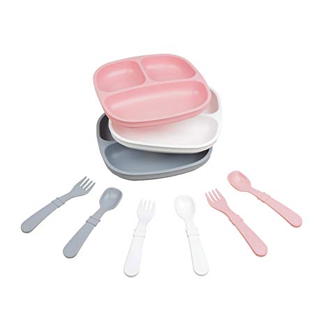 Re-Play Made in The USA Dinnerware Set - 3pk Divided Plates with Matching Utensils Set (Modern Pink)