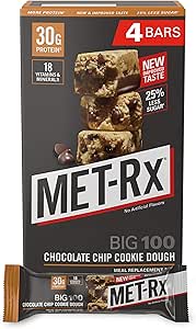 MET-Rx Big 100 Colossal Protein Bars, Great as Healthy Meal Replacement, Snack, and Help Support Energy, Gluten Free, Chocolate Chip Cookie Dough, 100 g, 4 Count (Packaging May Vary)