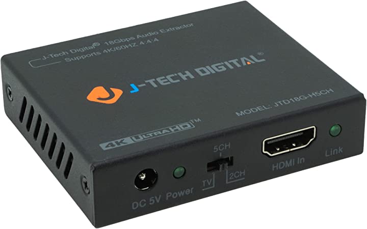 J-Tech Digital 4K 60HZ HDMI Audio Extractor Converter SPDIF   3.5MM Output Supports HDMI 2.0, 18Gpbs Bandwidth, HDCP 2.2, Dolby Digital/DTS Passthrough CEC, HDR10 [JTD18G-H5CH]