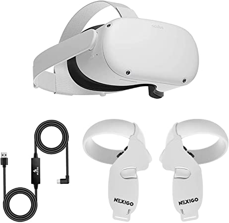 Oculus 2020 Newest Quest 2 VR Headset 64GB Holiday Bundle, Advanced All-in-One Virtual Reality Gaming Headset, NexiGo Controller Grip Cover White   16FT Link Cable Accessory Bundle