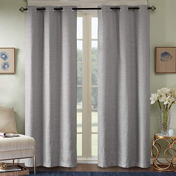 Comfort Spaces Grasscloth Blackout Window Curtain Pair / 2 Pieces Panels Grommet Top Energy Efficient Saving Drapes for Living Room Bedroom and Dorm, 95 inch, Grey