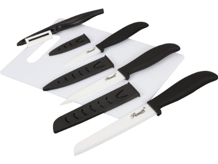 Rosewill RHKN-13002 5-Piece Ceramic Knife and Cutting Board Set - 6" Santoku Knife, 5" Utility Knife, 3" Paring Knife, Peeler, 3 Sheaths, Cutting board, Black Ergo Nonslip Handle