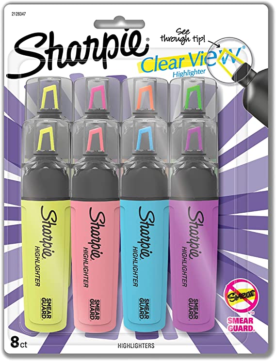 SHARPIE Highlighter, Clear View Highlighter with See-Through Chisel Tip, Tank Highlighter, Assorted, 8 Count