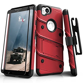 Zizo Bolt Series Google Pixel 2 Case - Tempered Glass Screen Protector with Holster and 12ft Military Grade Drop Tested (Red & Black)