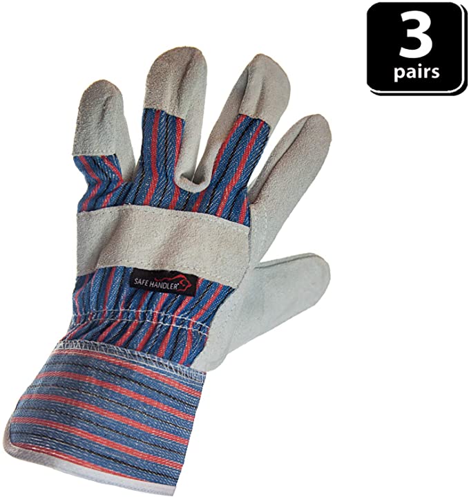 SAFE HANDLER Work Leather Gloves | Cool Cotton Lined Backing, Split Leather Safety Cuff Work Gloves, Lightweight & Versatile, 3 Pack