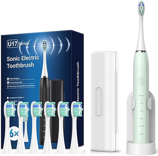 Electric Toothbrush for Adults and Kids, Sonic Toothbrushes with 6 Brush Heads Rechargeable Electric Toothbrushes Green