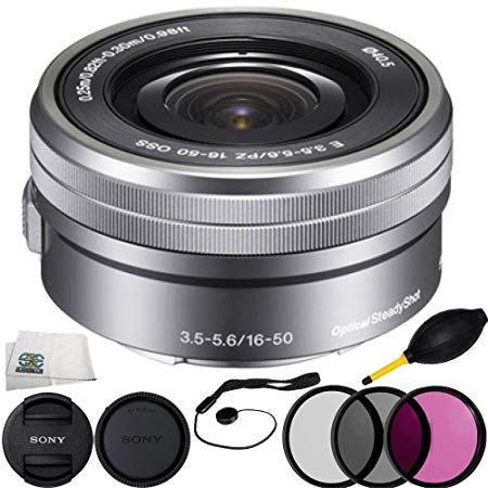 Sony SELP1650 16-50mm Power Zoom Lens (Silver, White Box) 7PC Accessory Kit. Includes Manufacturer Accessories   3PC Filter Kit (UV-CPL-FLD)   Cap Keeper   Dust Blower   Microfiber Cleaning Cloth