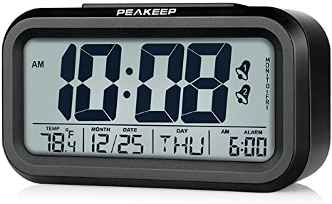 Peakeep Battery Operated Cordless Digital Dual Alarm Clock, 7-6-5-day Programmable Alarm, Calendar, Indoor Temperature, Smart Sensor Light (Black)