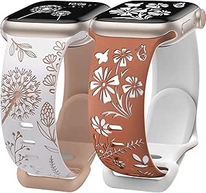 Wearlizer 2 Packs Floral Engraved Band Compatible with Apple Watch Bands 41mm 40mm 38mm 49mm 45mm 44mm 42mm Women, Cute Two-Tone Flower Soft Silicone Sport Strap for iWatch 9 8 7 6 5 4 3 2 1 SE Ultra 2