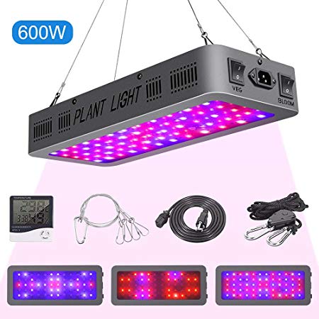 600W LED Grow Light Double On/Off Switch Full Spectrum Grow Lamp, with Daisy Chain,Temperature and Humidity Monitor, Adjustable Rope, for Indoor Hydroponic Plants Vegetative and Flowering (600W)