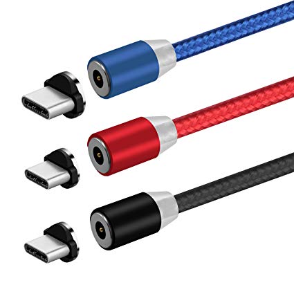 UGI New Type C Magnetic Cable 3 Pack 6.6ft Nylon Braided Fast Charging USB C Cable with Led Light for Samsung Galaxy Note 8 S8 Plus S9 /LG G6 V20 G5/ Pixel/Nexus 6P 5X - Black Red Blue
