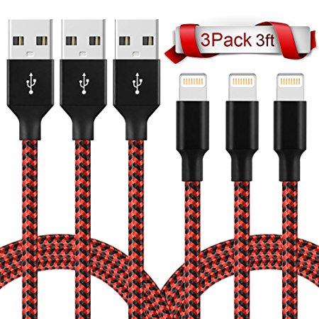 iPhone Cable, Cordking Lightning Cable 3Pack 3FT to USB Syncing and Charging Cable Data Nylon Braided iPhone Charger Cord for iPhone 7/7 Plus/6/6 Plus/6s/6s Plus/5/5s/5c/SE and more(Black&Red)