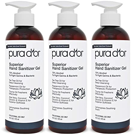 PURA D’OR Hand Sanitizer Gel LEMONGRASS Scent 3 PACK-16oz each = 48oz Total. 70% Alcohol Kills 99% Germs w/Aloe Vera, Tea Tree: Waterless Deep Cleansing Moisturizing Soothing, Fights Germs & Bacteria