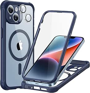 ESR Magnetic for iPhone 14 Case [Compatible with MagSafe] Full-Body Military-Grade Drop Proof Phone Case for iPhone 14 with Built-in 9H  Tempered Glass Screen Protector, Clear Blue