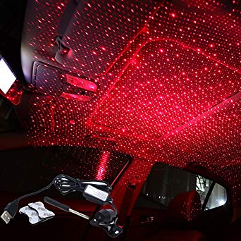 NEW OOPS USB 100mw Laser Led Glow Car Roof Inside Night Lights - Atmosphere Meteor Ceiling Projector Light Decoration Interior Lamp - 1 Modes for car/Home/Party (Star-Red)