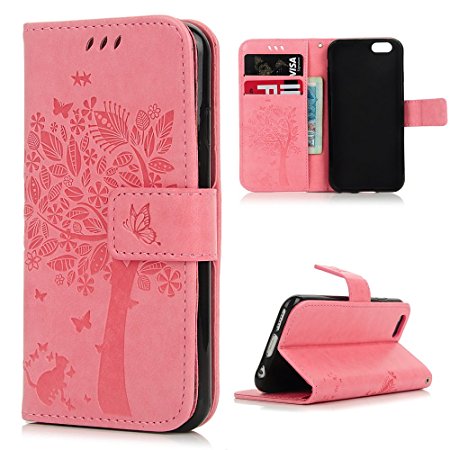 iPhone 6 Case,iPhone 6S Case (4.7 inch), YOKIRIN [Wallet Case] Premium Soft PU Leather Notebook Wallet Embossed Flower Tree Design Case with [Kickstand] Stand Function Card Holder and ID Slot Slim Flip Protective Skin Cover for iPhone 6 ,iPhone 6S, Pink