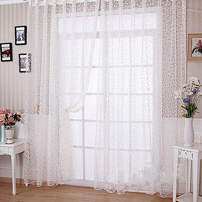 Romantic Sheer Curtain,Hmane Voile Window Big Hook Flocking Pattern Window Screening Curtain 1X2M(1 Panel)